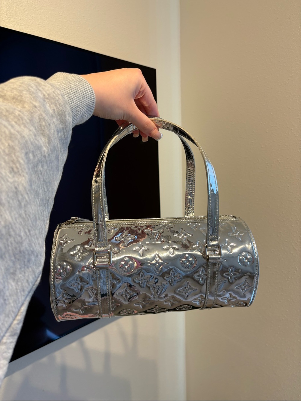 Louis Vuitton Silver Papillon patent leather handbag